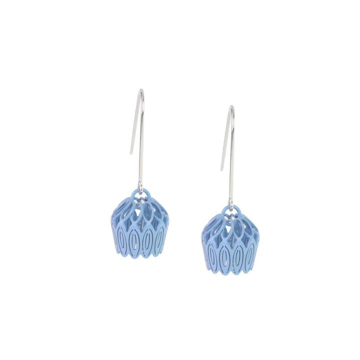 Tulip Drop Earrings: Blue, Grey, Guava (Single) 4x1.5x1.5 Sterling silver, Brass, Polymer Resin  Techniques: Machine Cutting, Hand folding