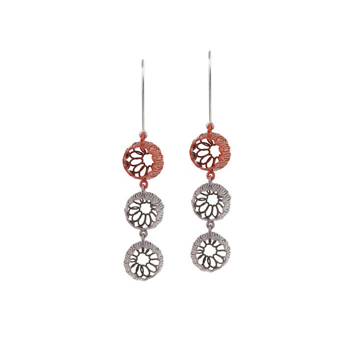 Tulip Drop Earrings: Grey and Guava (triple) 7x1.5x1.5cm Brass, Powder Coat, Sterling Silver  Techniques: Machine cut, hand folded