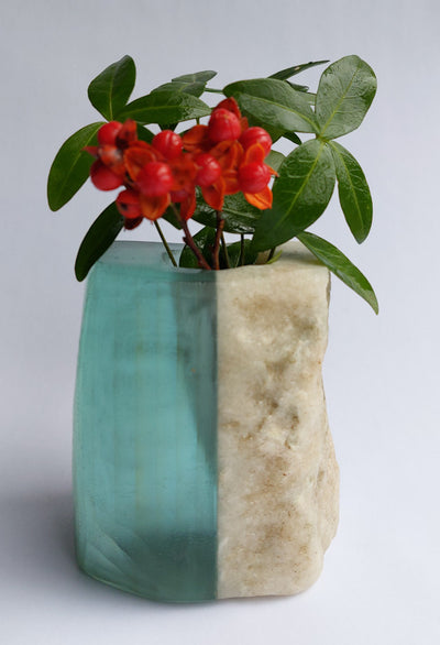Stone and Glass Vase   Fused rock and recycled plate glass. 3.75 w x 4 h x 3 d inches