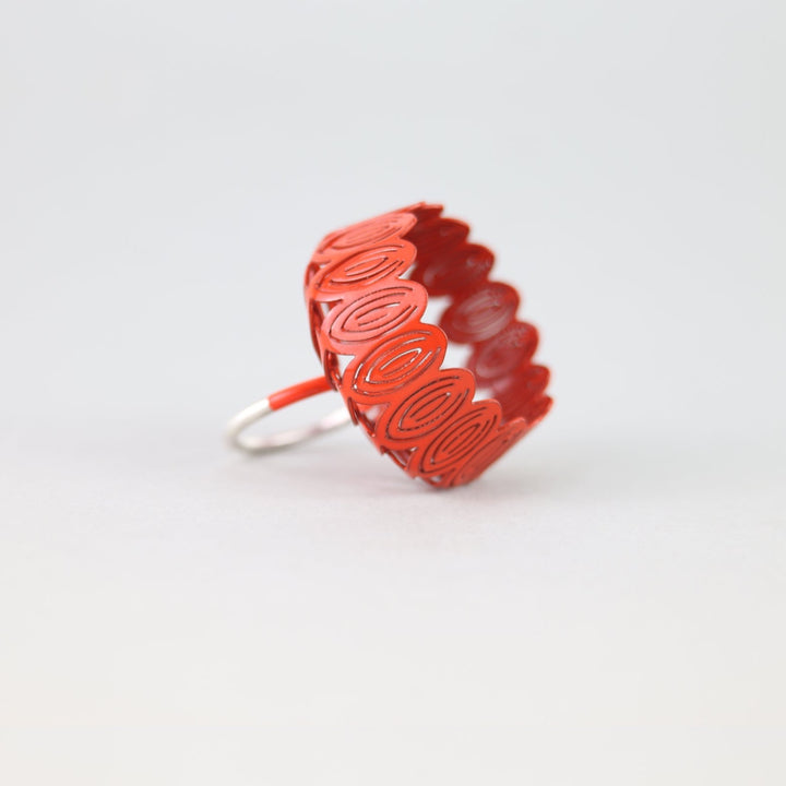 Peony Cocktail Ring, in Orange Blossom  3.5x3x3cm  Sterling silver, Nu-Gold, Powder Coat  Techniques: Hand cutting