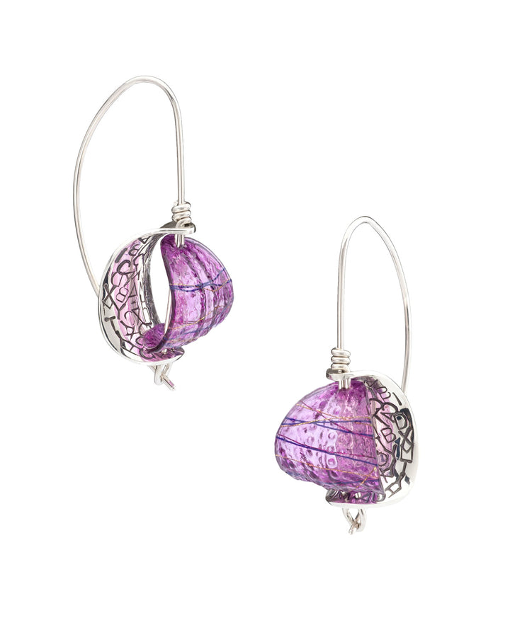 Retroflex, small.  Earrings in various colours of hand-dyed resin with sterling silver.