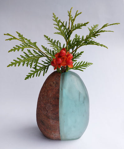 Stone and Glass Vase   Fused rock and recycled plate glass.  3.5 w x 4.25 h x 3 d inches