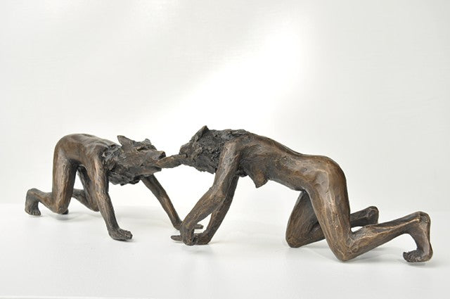 Anna Williams She Wolves in double. Two She Wolves fighting over meat. Individual cast bronze sculpture, approx. 7" x 4" x 3".