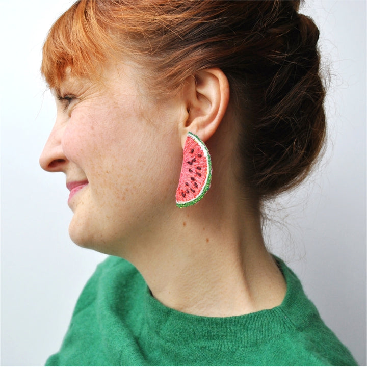 Watermelon Slice Earrings.  Machine embroidered, these studs are structured, airy-light, and durable, 4 x 6 cm.