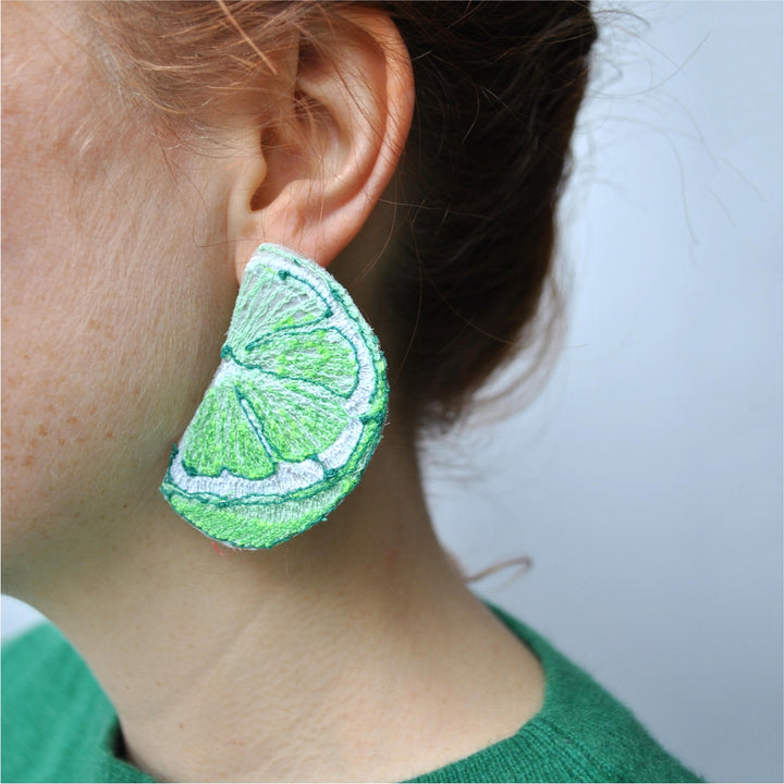 Lime Slice Earrings.  Machine embroidered, these studs are structured, airy-light, and durable, 4 x 6 cm.