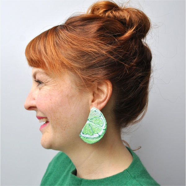 Lime Slice Earrings.  Machine embroidered, these studs are structured, airy-light, and durable, 4 x 6 cm.