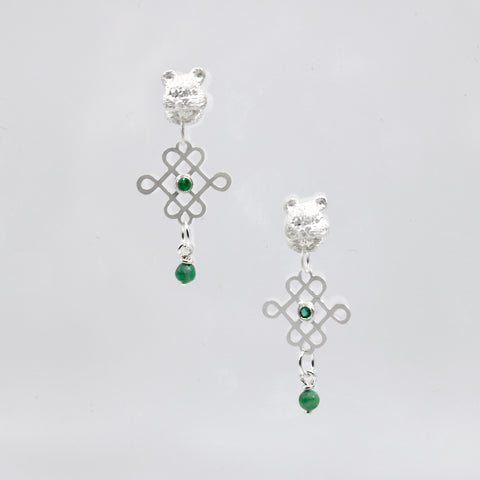 Squireow Amulet earrings of sterling silver, emerald, and jade beads.   These earrings feature hand-cut amulet motifs held by two squirrels with green gem accents. This is a one of a kind design.