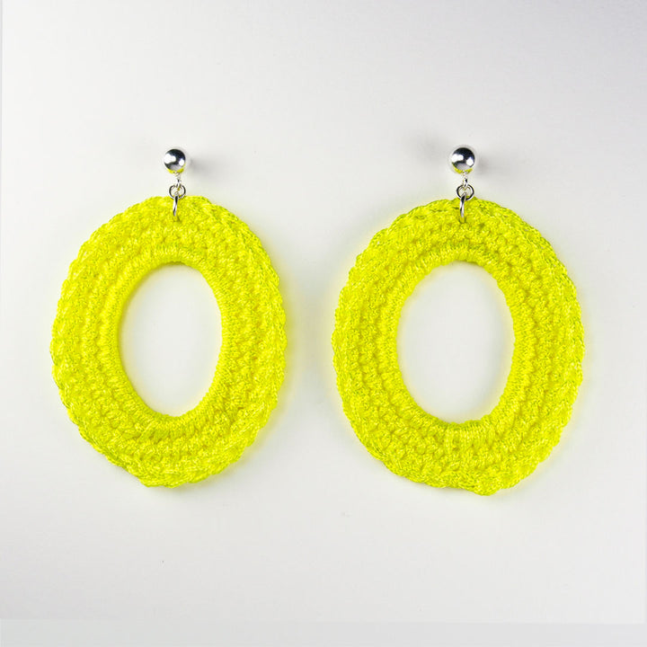 Aureole drop Earrings in fluo yellow - made from woven polyester threads and sterling silver hooks.  4 x 4.5 x 0.2 cm