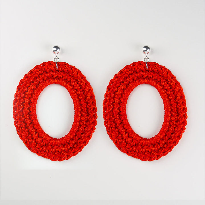 Aureole drop Earrings in red - made from woven polyester threads and sterling silver hooks.  4 x 4.5 x 0.2 cm