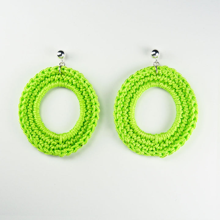 Aureole drop Earrings in fluo green - made from woven polyester threads and sterling silver hooks.  4 x 4.5 x 0.2 cm