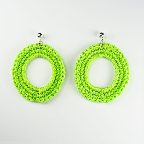 Aureole drop Earrings in fluo green - made from woven polyester threads and sterling silver hooks.  4 x 4.5 x 0.2 cm