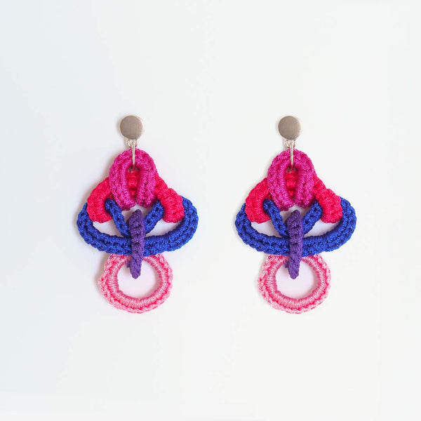 Femina Earrings in rose magenta - made from woven polyester threads and sterling silver hooks. Light and fun to wear, these impressive pieces are one of a kind.   4.3 x 7 x 2.2 cm