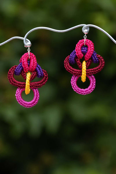 Femina drop studs in fuschia - made from crocheted polyester threads and sterling silver hooks.
