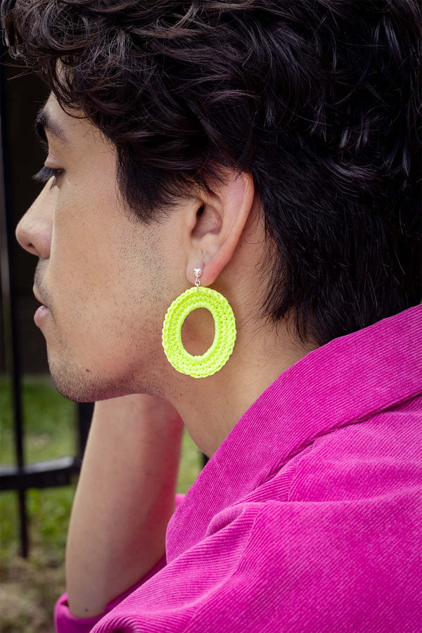 Aureole drop Earrings in fluo yellow - made from woven polyester threads and sterling silver hooks.