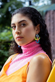 Femina drop studs on model - made from crocheted polyester threads and sterling silver hooks.