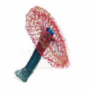 Large Red On Being Female brooch with coloured copper wire, copper, brass, spandex and tampons.
