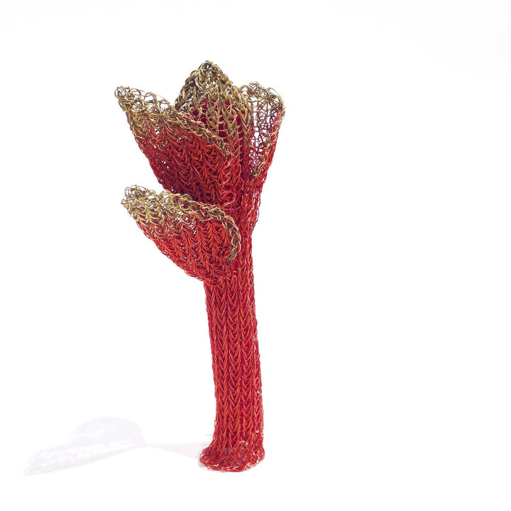 Red On Being Female brooch with coloured copper wire, copper, brass, spandex and tampons.