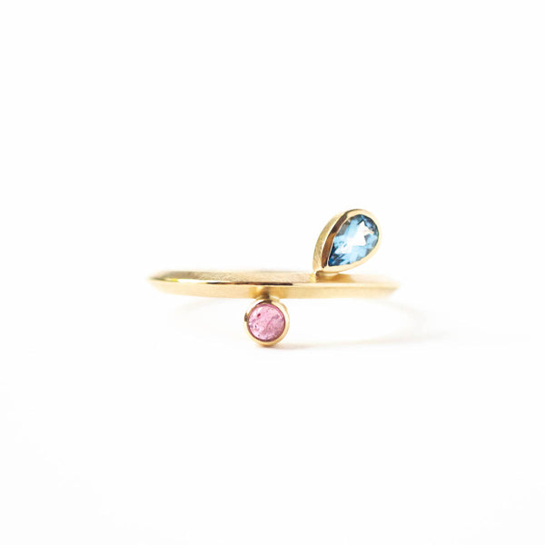 Aquamarine & Tourmaline Gold Ring in 14k yellow gold  Size 7.5