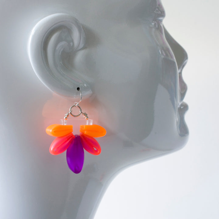 Tricolour Bloom Earrings (orange/pink/purple) of silicone, acrylic, and sterling silver.