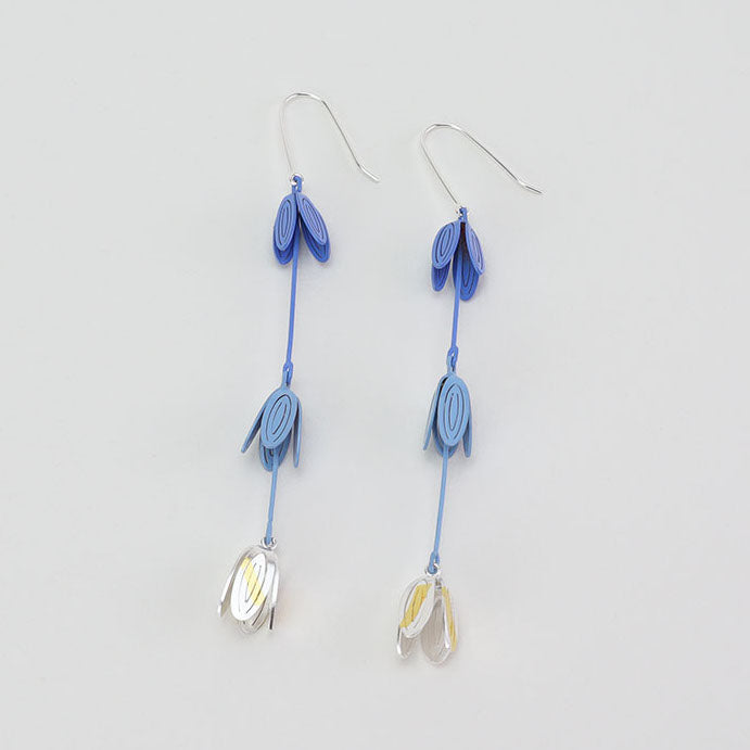 Triple Petal Drop Earrings in Blue and Silver/Gold.