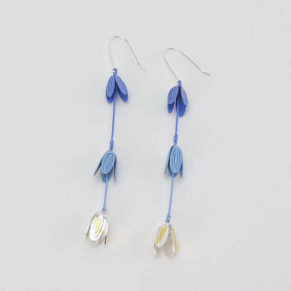 Triple Petal Drop Earrings in Blue and Silver/Gold.