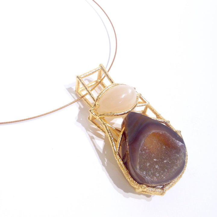 Neckpiece with electroformed gold setting, druzy quartz and moonstone pendant.