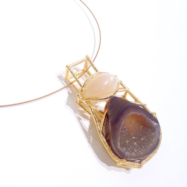 Neckpiece with electroformed gold setting, druzy quartz and moonstone pendant.