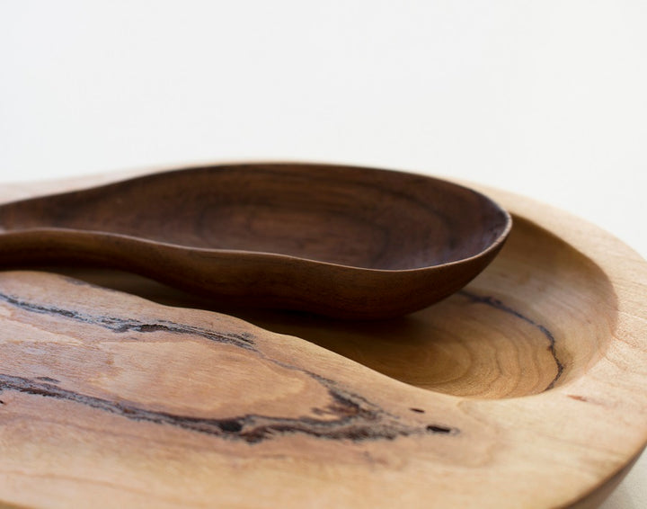 Cherrywood dish with walnut nesting spoon. Finished with linseed oil.