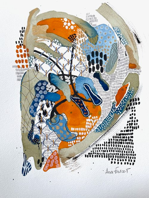Criss-crossing over a man-made Island (Unframed). Mixed media artwork on paper combining watercolour, ink, linen thread, and embroidery.