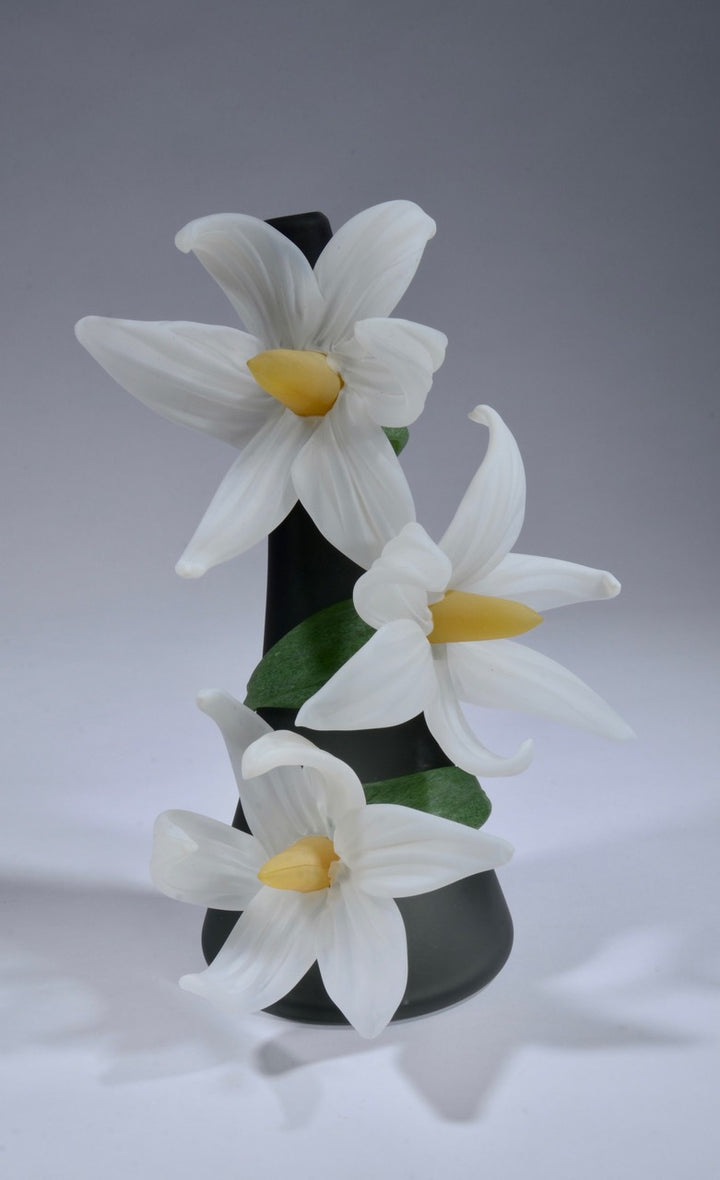 Medium Sprig Vase, with white lilies. Hand blown and solid worked decorative glass vessel, with sandblasted surface. 