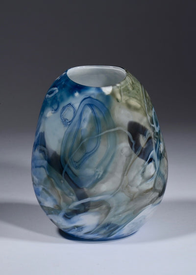 Blue and Grey Shard Vase. Blown glass with shard and cane drawings that are captured within the layers of the glass.