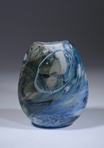 Blue and Grey Shard Vase. Blown glass with shard and cane drawings that are captured within the layers of the glass.