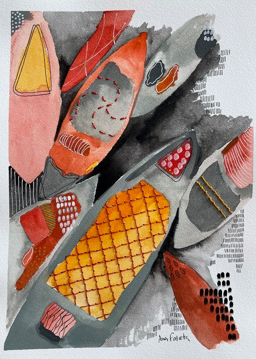 Fishing Boats (Unframed). Mixed media artwork on paper combining watercolour, ink, linen thread, and embroidery.