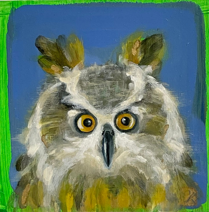 "Who" Small painting of a fluffy brown owl on a blue and bright green background. acrylic & oil on board 