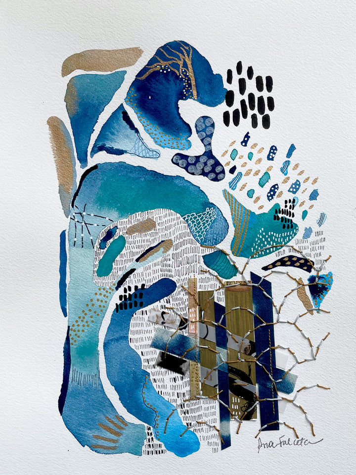 Tangled Journey to the Riviera, framed. Mixed media artwork on paper combining watercolour, ink, linen thread, hand-painted mylar, indigo dyed wool gauze, weaving, and embroidery on paper.