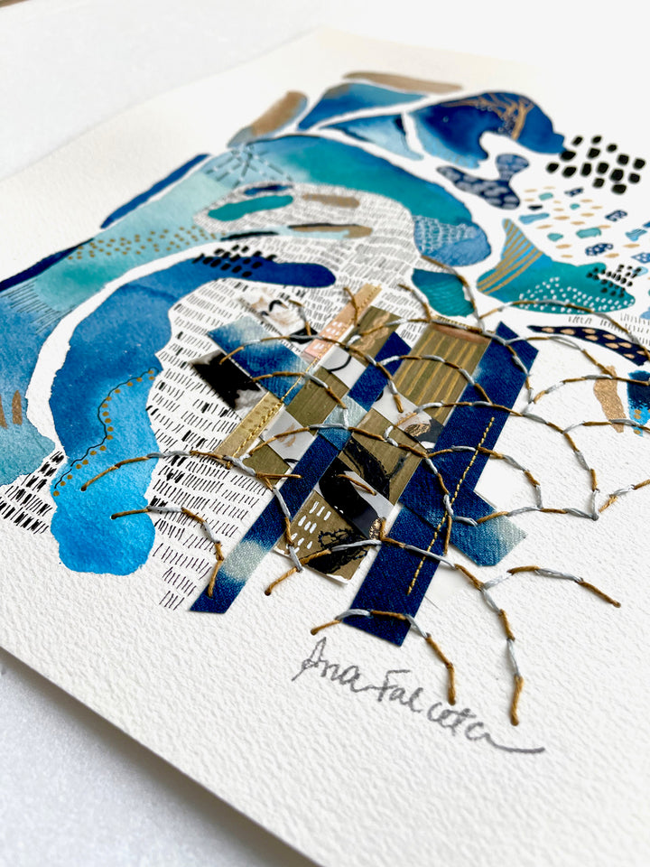 Tangled Journey to the Riviera, framed. Mixed media artwork on paper combining watercolour, ink, linen thread, hand-painted mylar, indigo dyed wool gauze, weaving, and embroidery on paper.
