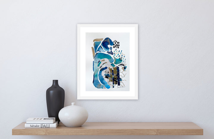 Tangled Journey to the Riviera, framed. Mixed media artwork on paper combining watercolour, ink, linen thread, hand-painted mylar, indigo dyed wool gauze, weaving, and embroidery on paper.