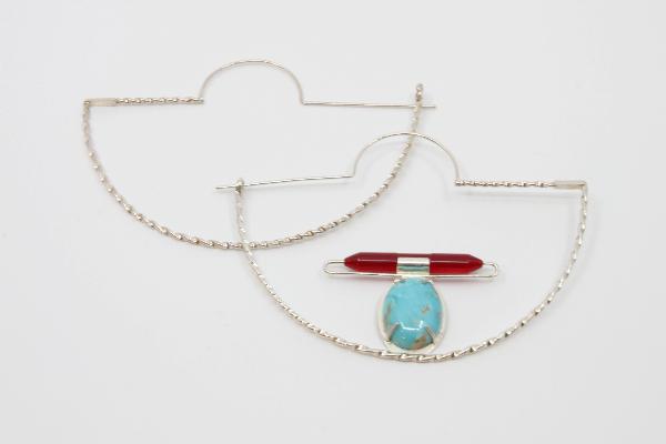 Hoop earrings.  Hand fabricated sterling silver, plexi glass, turquoise. 5 cm