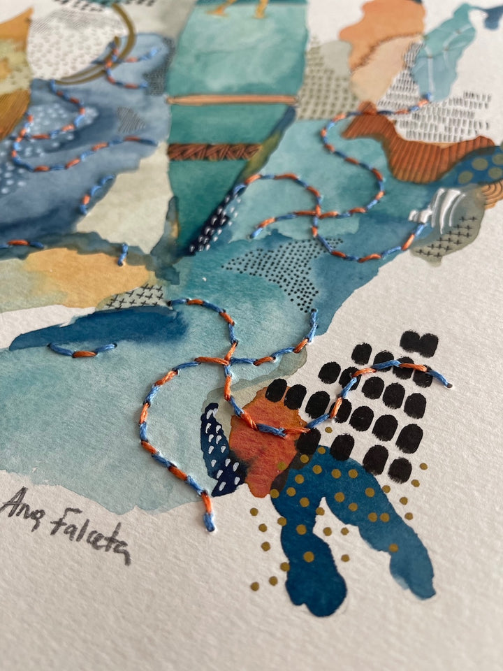 The Canoe and the paddle (Unframed). Mixed media artwork on paper combining watercolour, ink, linen thread, and embroidery.