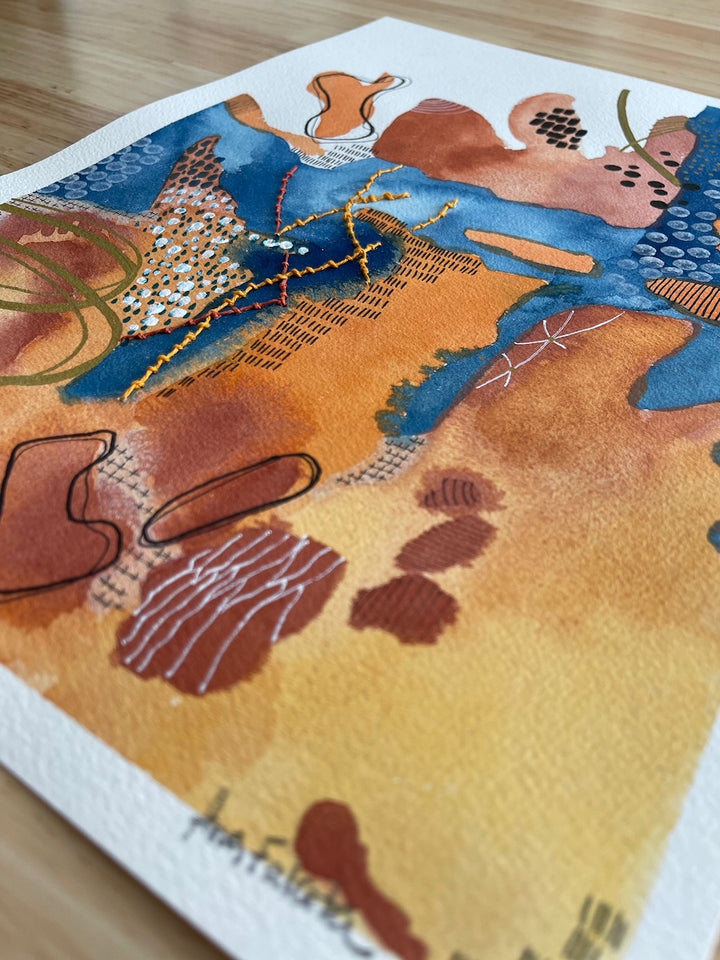 Underground cave (Unframed). Mixed media artwork on paper combining watercolour, ink, linen thread, and embroidery.