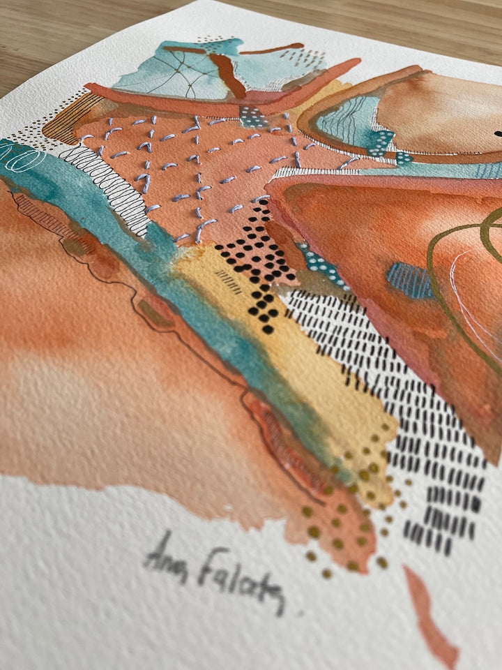 Somewhere down the road (Unframed). Mixed media artwork on paper combining watercolour, ink, linen thread, and embroidery.