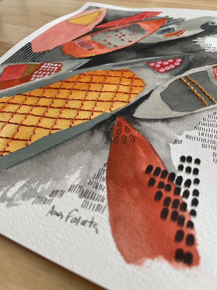 Fishing Boats (Unframed). Mixed media artwork on paper combining watercolour, ink, linen thread, and embroidery.
