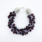 Rhythm no. 2: Kumihimo braided and woven necklace, which can be separated into 2 bracelets. Sterling silver, fluorite chips, Swarovski pearls and spades, & silk ribbon