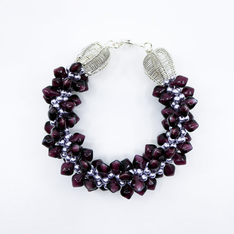 Rhythm no. 2: Kumihimo braided and woven necklace, which can be separated into 2 bracelets. Sterling silver, fluorite chips, Swarovski pearls and spades, & silk ribbon