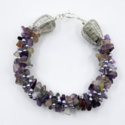 Rhythm no. 2: Kumihimo braided and woven necklace, which can be separated into 2 bracelets. Sterling silver, fluorite chips, Swarovski pearls and spades, & silk ribbon