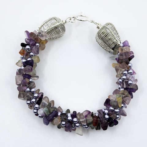 Rhythm no. 2: Kumihimo braided and woven necklace, which can be separated into 2 bracelets. Sterling silver, fluorite chips, Swarovski pearls and spades, & silk ribbon