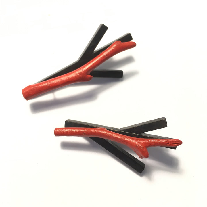 Red Branch Brooch.  The abstracted wood silhouette is in brass.  Light to wear, it measures 5 x 3 x 1 cm.  The pair are $145 each.