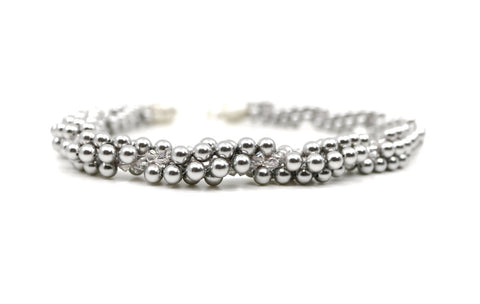 Eternal necklace, 2022. Swarovski pearls and clear crystals are braided into an elegant form using traditional Japanese kumihimo braiding. The clasp is made from woven sterling silver.