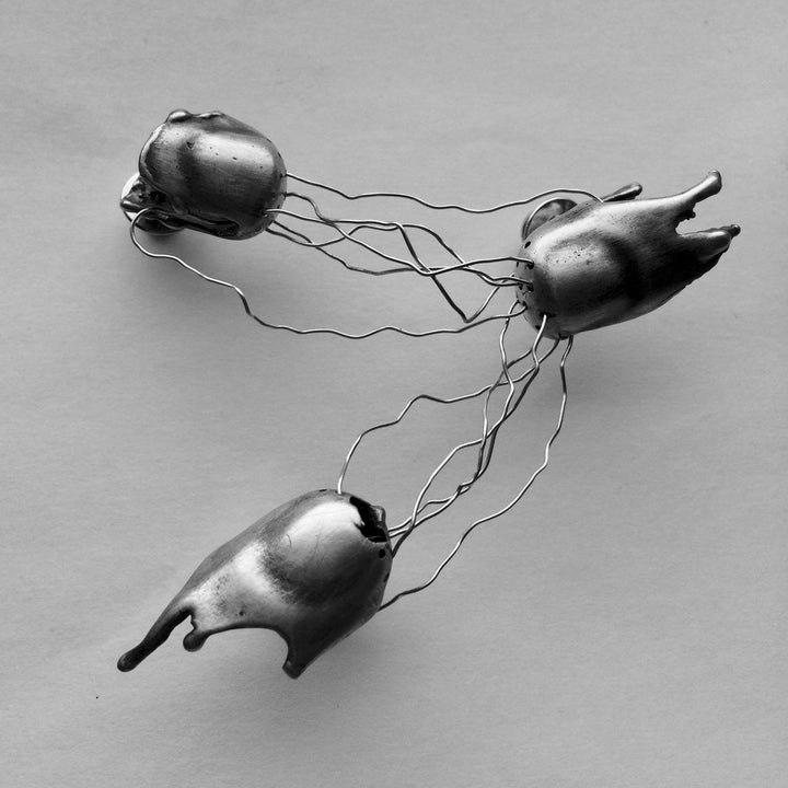 Pointé du Doigt brooch in oxidized sterling silver.  Each of the three ends has a brooch tack, 8 cm x 9 cm x 2 cm