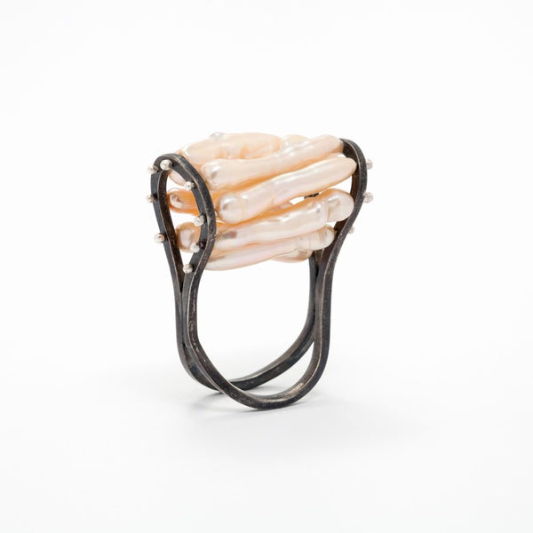 Pearl Cage Ring in oxidized sterling silver with freshwater pearls.